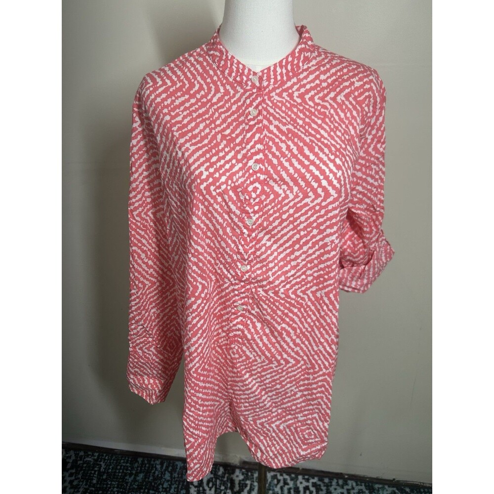 J Crew Women's Button Up Blouse Size XL Rose and White Artsy 2 Way Sleeves 323
